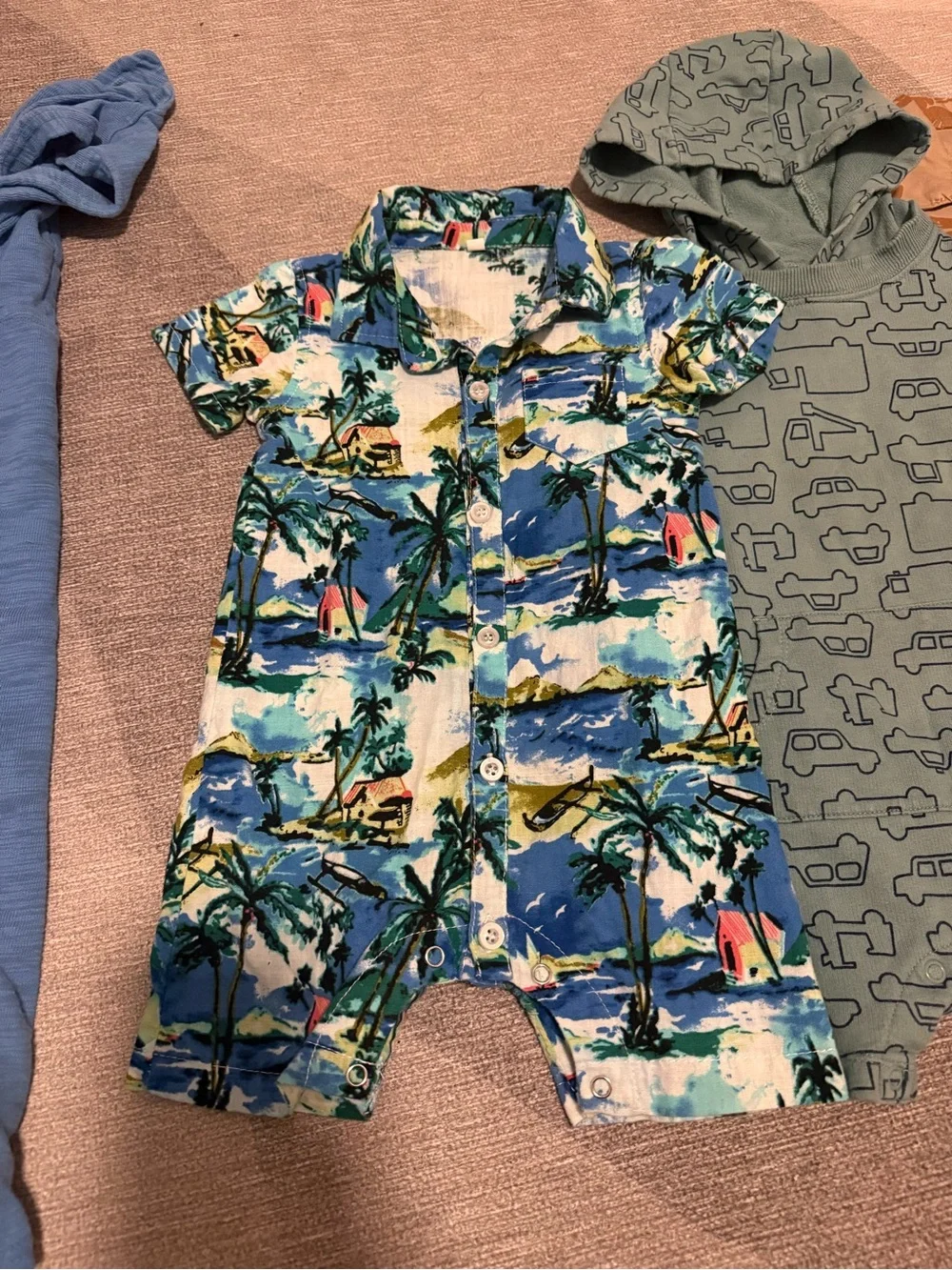 Lot Of Four Toddler Boy Romper Bundle Carters 24 Month Tropical, Cars, Shark
